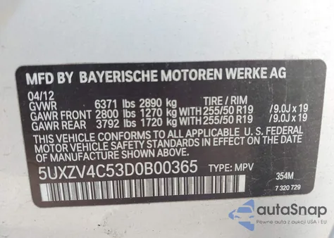 2013 BMW X5 xDrive35I/xDrive35I Premium/xDrive35I Sport Activity z USA, uszkodzony, nr VIN 5UXZV4C53D0B00365